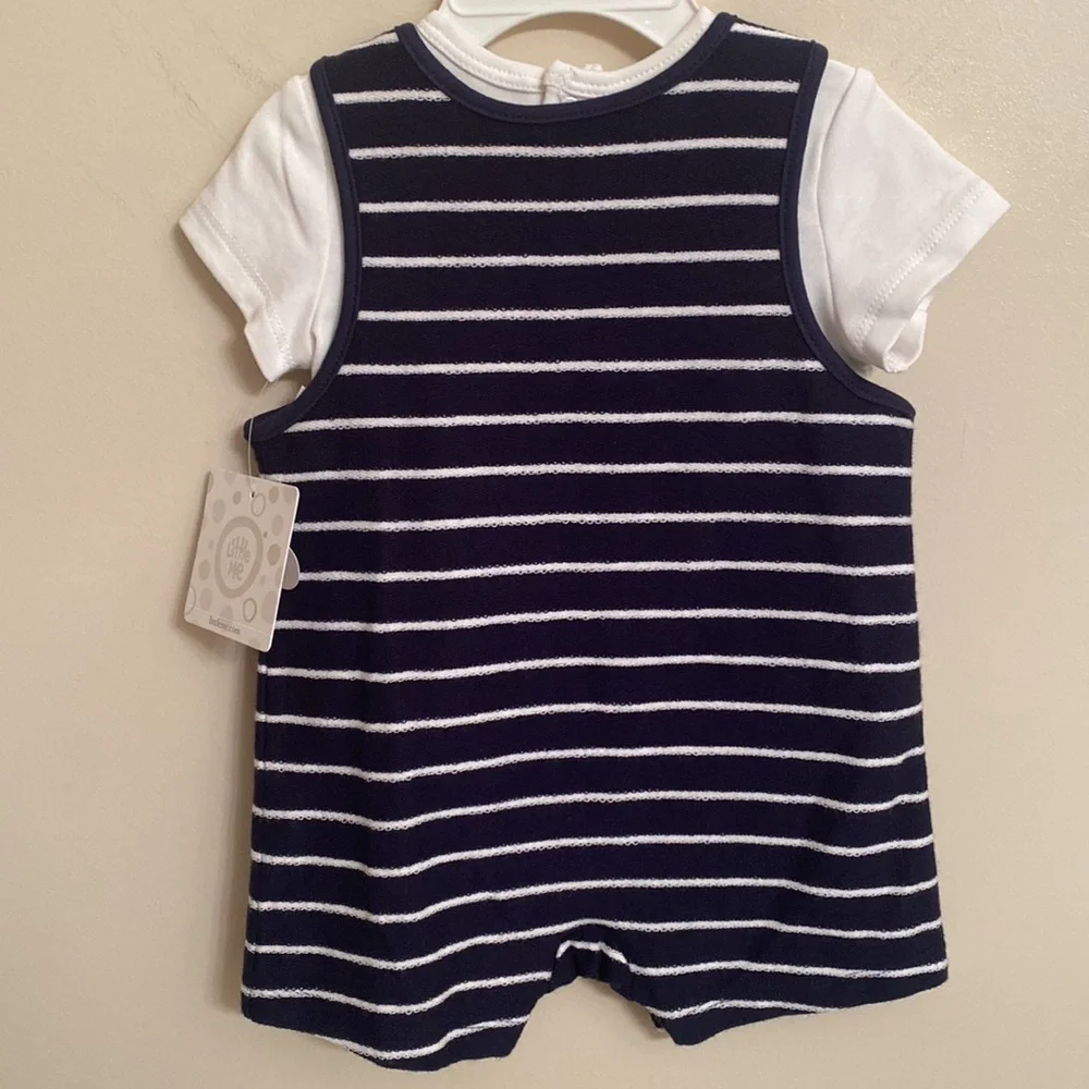 LITTLE ME Boy's Matching 2 Piece White Shirt & Striped Romper Size 6 Months NEW